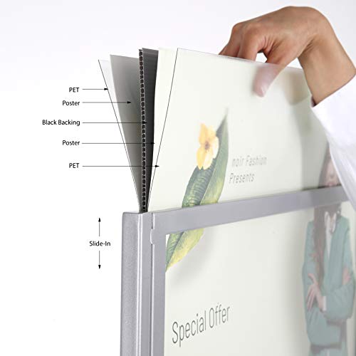 M&T Displays Metal Eco Info Board, Silver 22x28 Inches Slide-In Poster Sign Holder 1 Tier Double Sided Floor Standing Pedestal Advertising Display with Backing and Anti-Glare PET Cover