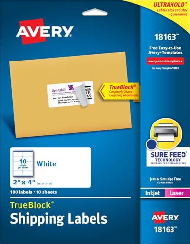 Avery Printable Shipping Labels with Sure Feed, 2" x 4" Customizable Stickers, White, 100 Blank Mailing Labels, Great for Mailing, Shipping, and More (18163) - size: 100 Labels (Pack of 1)