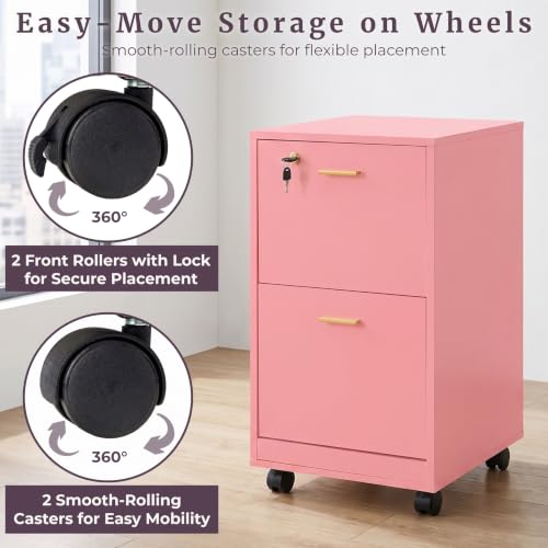 Lavish Home 2-Drawer Wooden File Cabinet with Lock, Pink, 16” x 27” - color: Pink, style: Gold Hardware
