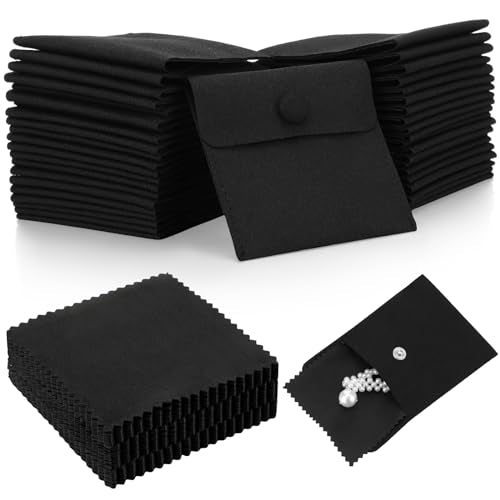 120 Pack Microfiber Jewelry Pouch with Cleaning Cloth 3.2"x3.2" Jewelry Packaging Bag with Snap Button Bags(Black) - color: Black