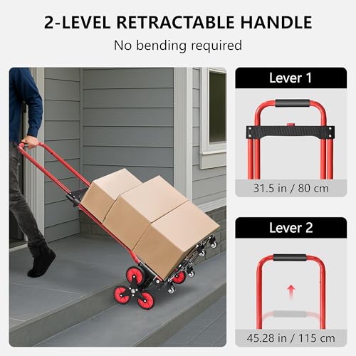 Stair Climbing Cart, 280 lbs Capacity Stair Climber Hand Truck and Dolly, Heavy-Duty Folding Stair Dolly with Stretchable Handle, 10 Wheels & 2 Elastic Ropes for Home Shopping Moving Warehouse