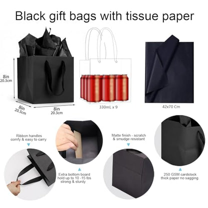 Aosric 12 Pack 8"x8"x8" Black Square Gift Bags with Tissue Paper - color: Black