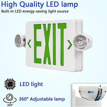 Green LED Exit Sign Emergency Lights with 2 Adjustable Head Lights, Green Letter Emergency Exit Lighting with Battery Backup, US Standard Double Sided ABS Fire Resistant UL 924 AC 120/277V (4-Pack) - color: 4-Pack
