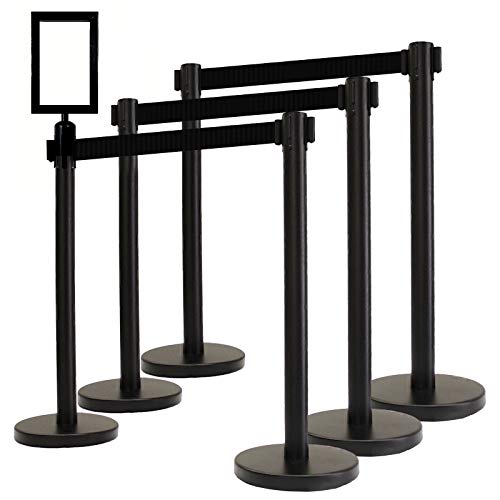 40" HT Retractable Belt Queue Safety Stanchions Barrier Combo Set (6 Heavy Duty Arena Posts with 13' Blk Belt & Flat Base + SFrame+WBracket) - color: 6 Posts With 13' Blk Belt & Flat Base + Sframe+wbracket