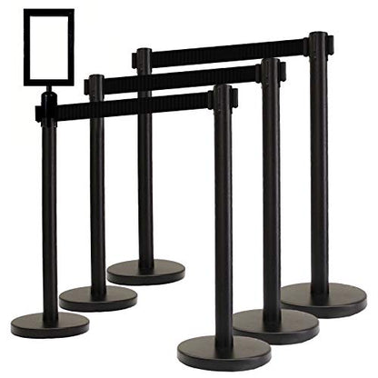 40" HT Retractable Belt Queue Safety Stanchions Barrier Combo Set (6 Heavy Duty Arena Posts with 13' Blk Belt & Flat Base + SFrame+WBracket) - color: 6 Posts With 13' Blk Belt & Flat Base + Sframe+wbracket