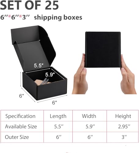 6x6x3 inch Black Shipping Boxes for Small Business- Set of 25 - color: Black, size: 6x6x3