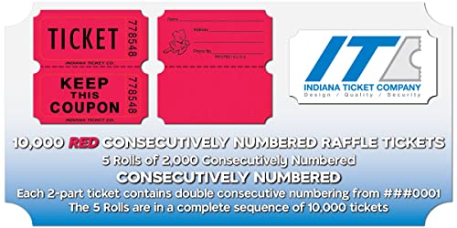 Raffle Tickets Roll, Red, 10,000 Consecutively Numbered - color: C - Red, size: 10,000