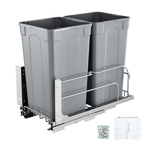 VEVOR Pull-Out Trash Can, 27 QT x2 Double Under Mount Kitchen Waste Container, Heavy Duty Garbage Recycling Bin with Door Kit and Soft Close Slide, for Kitchen Cabinet, Sink, Under Counter (Grey) - size: 54QT