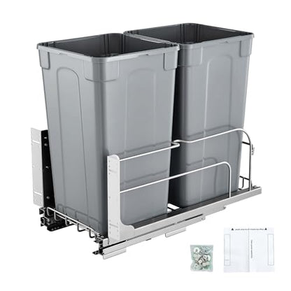 VEVOR Pull-Out Trash Can, 27 QT x2 Double Under Mount Kitchen Waste Container, Heavy Duty Garbage Recycling Bin with Door Kit and Soft Close Slide, for Kitchen Cabinet, Sink, Under Counter (Grey) - size: 54QT