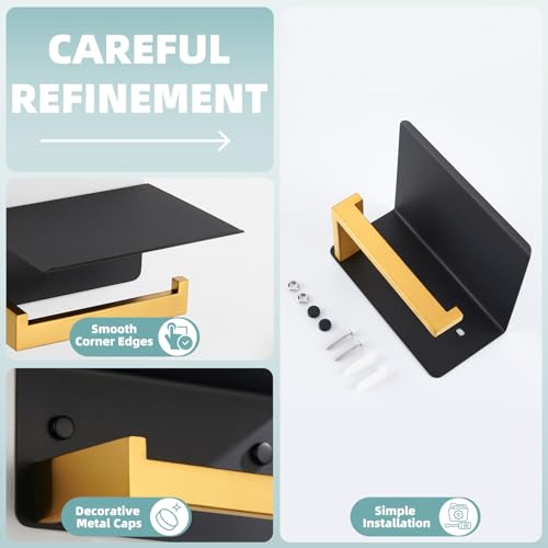 APLusee Black and Gold Toilet Paper Holder with Storage Shelf, Wall Mounted - color: Black With Gold, size: Single Rod