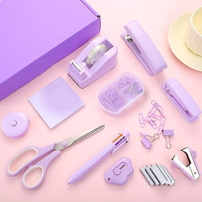 Purple Desk Accessory Kit Cute Office Supplies Set Desktop Stapler Set Includes Staple Remover Hole Punch Tape Dispenser Ballpoint Pen Scissor Mini Box Cutter Tape Measure Paper Clips Sticky Notes - color: Purple