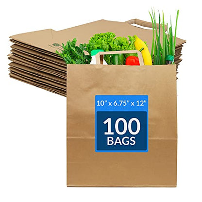 Reli. Kraft Paper Bags w/Handles (100 Pcs, Bulk) (Large 10"x6.75"x12")
