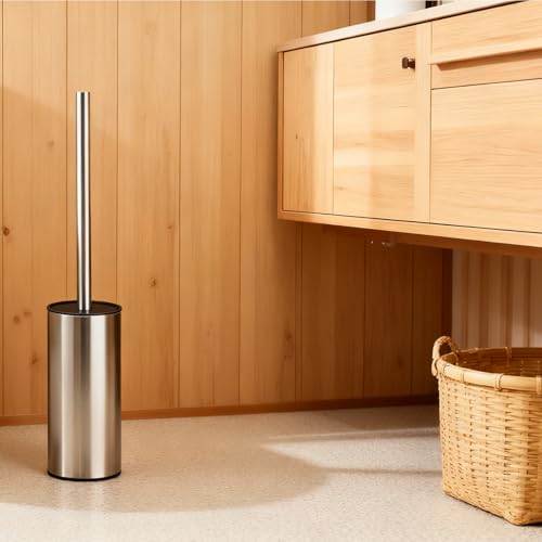 Toilet Brush and Holder Set, NEWRAIN Stainless Steel Toilet Brush with Long Brush Handle, Brushed Nickel Toilet Scrubber and Covered Holder, Round Design Sturdy and Space Saving, Covered Brush - color: Brushed Nickel