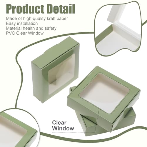 Zonon 30 Pcs Kraft Paper Boxes with Window 4.13x 4.13x1.18inch (Dark Green) - color: Sage Green