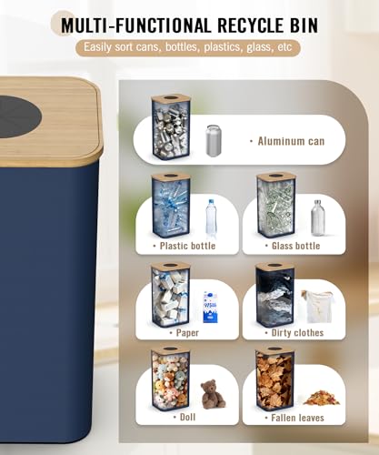 Magicheap 26 Gallon (100L) Recycling Bins for Kitchen with Bamboo lid, Blue - color: Blue
