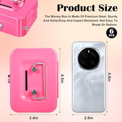 6 Pack Small Money Box with Lock, Metal Cash Boxes, 4.5x3.4x2in Durable Steel Coin Bank, Secure Lock Box for Home Office Gift, 3 Colors,