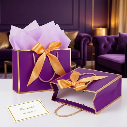 Mifferer Large Gift Bag, 1 Pcs Paper Gift Bag for Presents with 2 Wrappers and 1 Card, Gift Wrapping Bag with Handles for Women Men Birthday Wedding Party, 32 * 25 * 11 cm - color: Dark Purple with Gold Frame