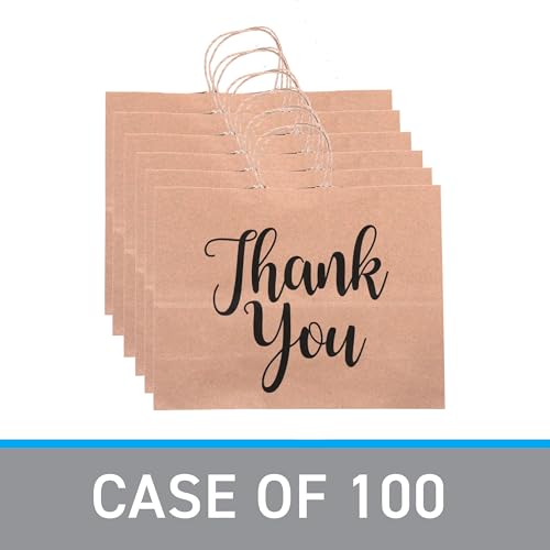 Large Kraft Thank You Paper Shopping Bags - 16”L x 6”D x 12”H - Case of 100