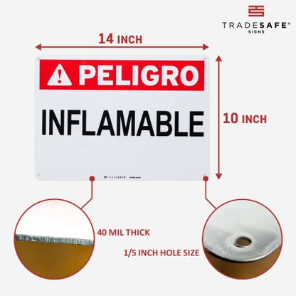 TRADESAFE Danger Flammable Sign - Peligro Inflamable Wall Sign, Quick Install Aluminum Safety Sign, Light Reflective, UV-Resistant, Waterproof, 14” X 10” Fire Danger Signs For Business - style: Peligro Inflamable