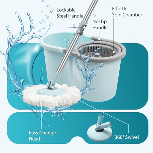 Spin Mop and Bucket with Wringer Set, Operable 360° Rotating Mop Bucket Set with 3 Microfiber Replacement Head, Stainless Steel Extended Handle for Floor Cleaning Home Office（Blue）