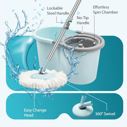 Spin Mop and Bucket with Wringer Set, Operable 360° Rotating Mop Bucket Set with 3 Microfiber Replacement Head, Stainless Steel Extended Handle for Floor Cleaning Home Office（Blue）