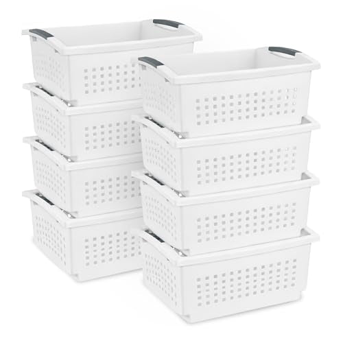Sterilite Large Stacking Basket Plastic Storage Organizer, White, 8-Pack - size: 8 Pack, style: Large