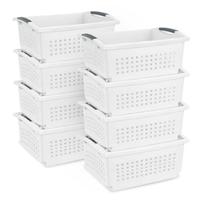 Sterilite Large Stacking Basket Plastic Storage Organizer, White, 8-Pack - size: 8 Pack, style: Large
