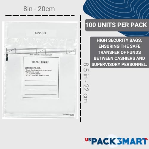 Clear Bank Deposit Bags 8.5"x8" 100-pack | Secure Bank Cash Transmittal Envelopes for Cash, Coins, Credit Cards, Checks, and More | Numbered, Self-Sealing, and Permanent Adhesive - size: 8.5" x 8"