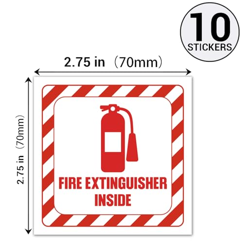 10 Pcs Fire Extinguisher Inside Sign Sticker, Vinyl Safety Signs Decals for Trucks, Cabinets or Equipment, 2.75" x 2.75" Self Adhesive, Weatherproof & UV Protected