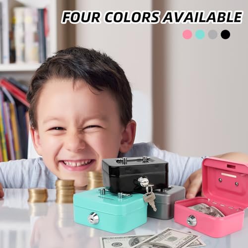 4 Pcs Metal Cash Box Set with Key Lock,4.5" x 3.3" x 2" Steel Money Box for Coins Bills,Portable Mini Safe Piggy Bank for Kids,Christmas Gifts Without Money Tray(Black/Green/Gray/Pink)