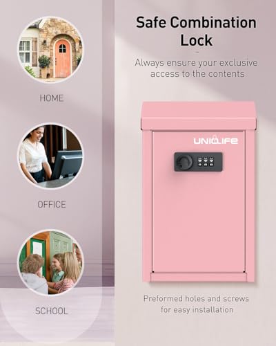 Uniclife Cash Box with Combination Lock, Wall Mounted Mailbox for Outside - color: Pink, size: Combo Lock