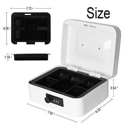 Cash Box with Money Tray, Parrency Medium Money Box with Combination Lock, 7 4/5" x 6 4/5" x 3 3/5", White - color: Combo White, size: Medium（7.87")