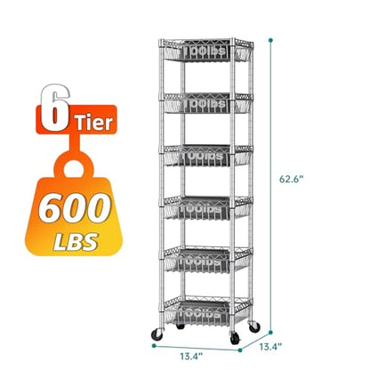 SINGAYE 6 Tier Shelf Wire Shelving Adjustable Storage Shelves Basket Rack - color: Silver, size: 6-Tier[13.5"Dx13.5"Wx63"H]