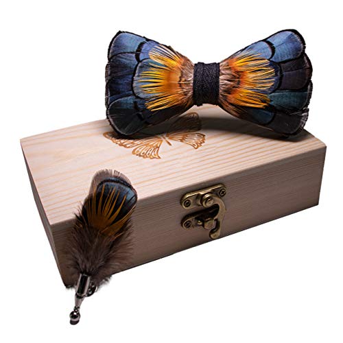 RBOCOTT Handmade Feather Pre-tied Bow tie and Brooch Sets for Men - color: Peacock Blue/Orange