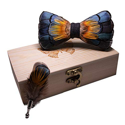 RBOCOTT Handmade Feather Pre-tied Bow tie and Brooch Sets for Men - color: Peacock Blue/Orange