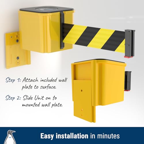 WM412 Retractable Belt Wall Mounted Yellow Crowd Control Barrier and Receiving End, 15' Black Belt - color: Yellow Case w/ Black Belt, size: 15' Belt