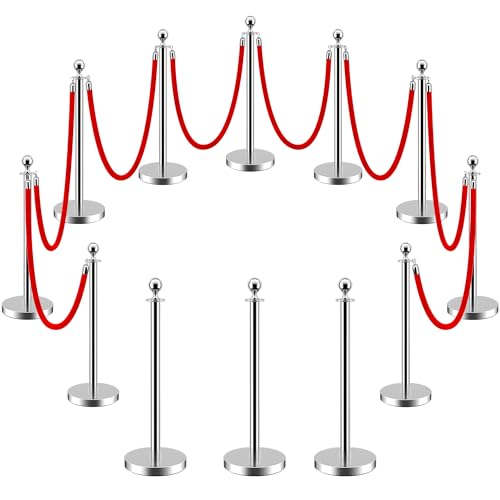 LOVMOR Crowd Control Stanchion, 12Pcs Silver Stanchion Posts Queue with 8pcs 5 ft/1.5 m Red Velvet Rope, Rope Barriers Crowd Control Barriers Queue Line for Hotel Theater Party Supplies - color: Silver-12pack