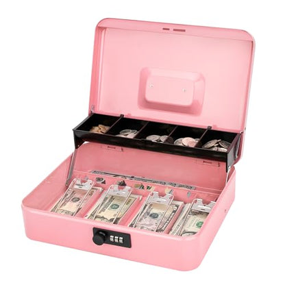 Jssmst Metal Cash Box with Money Tray and Lock, Portable Cash Drawer, 11.8" - color: Pink Code-A