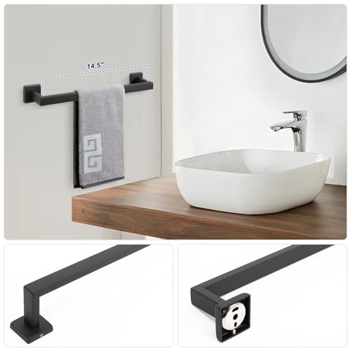 NearMoon 5 Pieces Bathroom Hardware Set 304 Stainless Steel - Square Towel Rack Set Include 16" Towel Rod + Towel Ring + Toilet Paper Holder + 2 Robe Towel Hooks Bathroom Accessories (Matte Black) - color: Matte Black, size: 16 inch