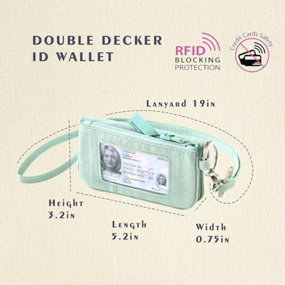 Card Holder, RFID Blocking, ID Holder with Lanyard for Men and Women, Dual Pockets, Badge Holder, Lanyard Wallet, Fabric Keychain ID Pouch, Green - color: Dual-mint