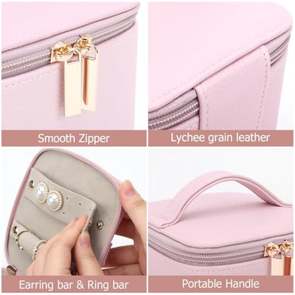 DesignSter Small Jewelry Box, Travel Small Jewelry Organizer with Earring Tray and Ring Holder,Square Travel Jewelry Storage Case with 6 Velvet Jewelry Pouches, Pink - color: Pink