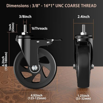 5 inch Caster Wheels, 3/8"-16 x 1 Threaded Stem Casters Set of 4(Stem Diameter 3/8", Stem Length 1"), No Noise Safety Dual Locking Polyurethane (PU) Wheels, Swivel Heavy Duty Casters 2400lbs - color: Black-3/8"-16x1", size: 5 Inch
