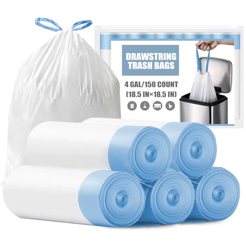 Small Trash Bags 4 Gallon - 150 Count Drawstring 4 Gallon Trash Bag, Tear-Free 4 Gal Small Garbage Bags for Office Bedroom Bathroom Trash Bags, Unscented White 4 Gal Trash Can Liners - size: 4 Gallon - 150 Count