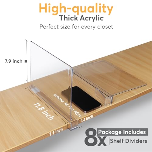 8 Pack Acrylic Shelf Dividers for Closet 11x7.9 Inch – Acrylic Dividers for Shelves Clear Closet Shelf Separators for Purses, Clothes Storage – Vertical Bookshelf Dividers for Bedroom & Kitchen - size: Pack of 8