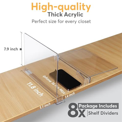 8 Pack Acrylic Shelf Dividers for Closet 11x7.9 Inch – Acrylic Dividers for Shelves Clear Closet Shelf Separators for Purses, Clothes Storage – Vertical Bookshelf Dividers for Bedroom & Kitchen - size: Pack of 8