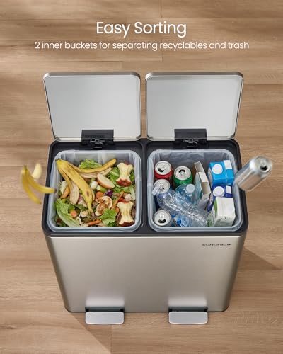 SONGMICS Trash Can, 2 x 8 Gallon (2 x 30 L) Double Compartment - color: Silver, size: 2 x 8 Gal.