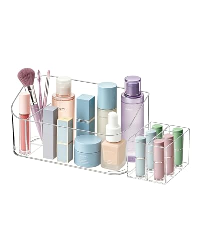 Makeup Tray Holder Organizer Cosmetic Display Case Tabletop Desktop Vanity Countertop Bathroom Wall Cabinet Medicine Storage Box 9 Dividers 2 Removable Women Ladies Girls Gifts Crystal Clear 1 PACK - color: Crystal Clear