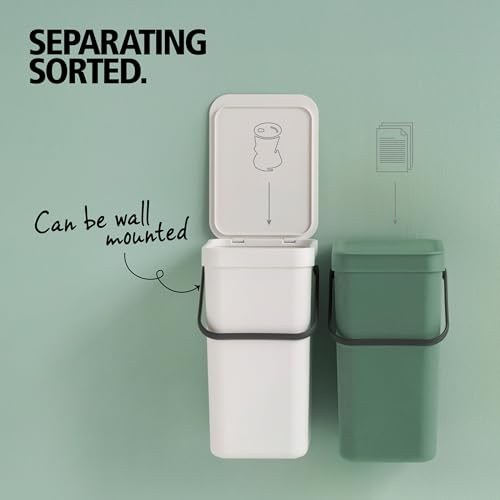 Brabantia Sort & Go Recycling Trash Can 3.2 Gallons (12L)(Gray), Space-Efficient Plastic Garbage Can with Handle, Removable and Stay-Open Lid, Easy to Clean Kitchen Bin Without Nooks and Rims