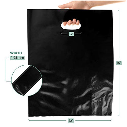 12x15 Black Plastic Bags, Glossy, Die-Cut Handles, 1.25 Mil, 1000 Pack