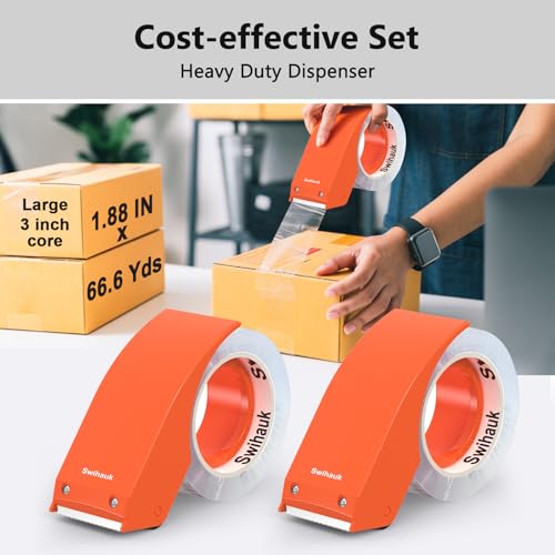 Swihauk 1.88 in x 66.6 YDs Heavy Duty Packing Tape with Dispenser, Strong & Durable Shipping Tape, Packaging Tape, Clear Package Tape for Shipping Moving Storage and Mailing, 2 Roll + 2 Dispenser - size: 2 Roll + 2 Dispenser
